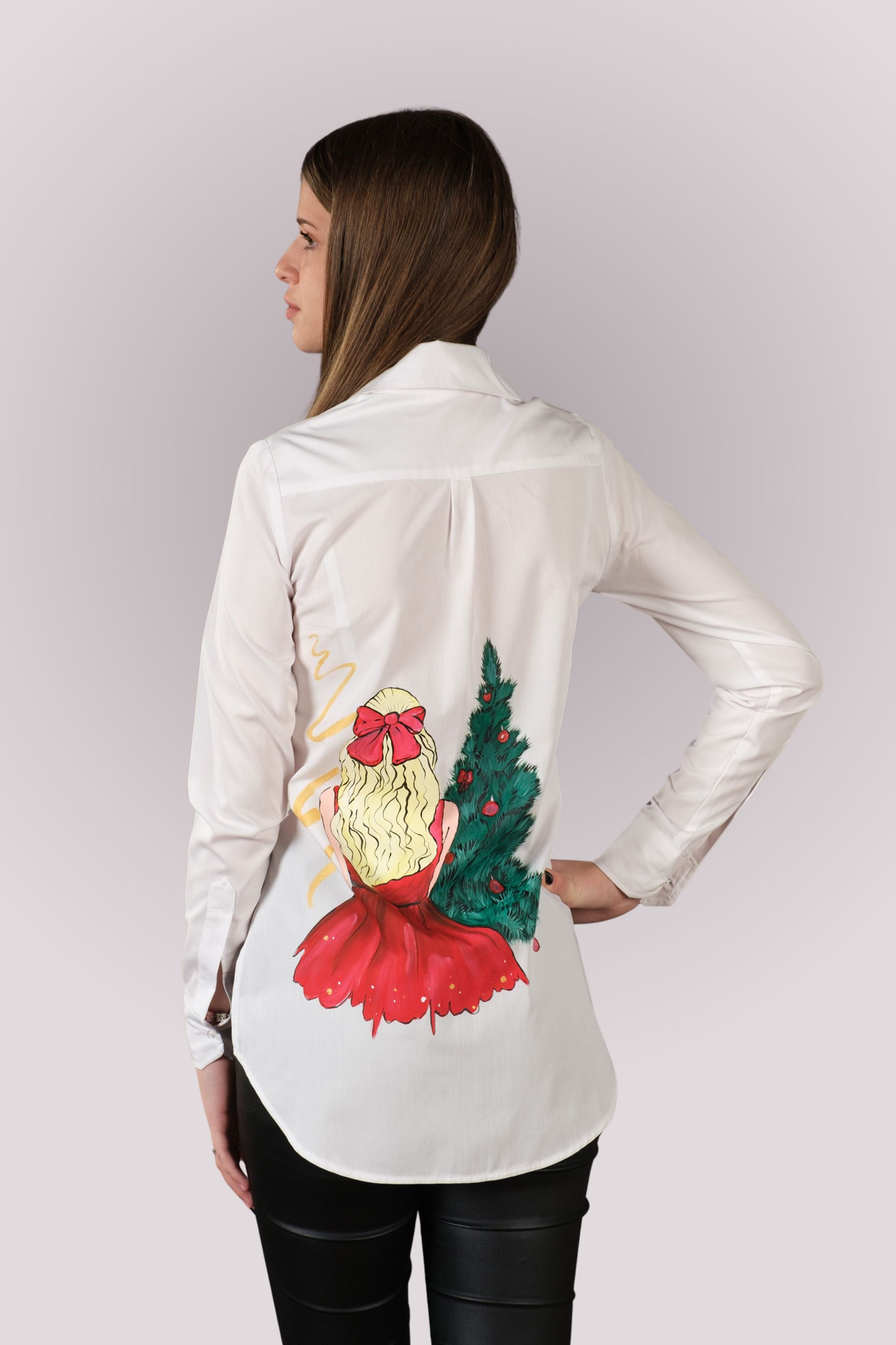 Cămașă Festivă Pictată Manual "Crăciunița Model 2" din Bambus și Bumbac Organic