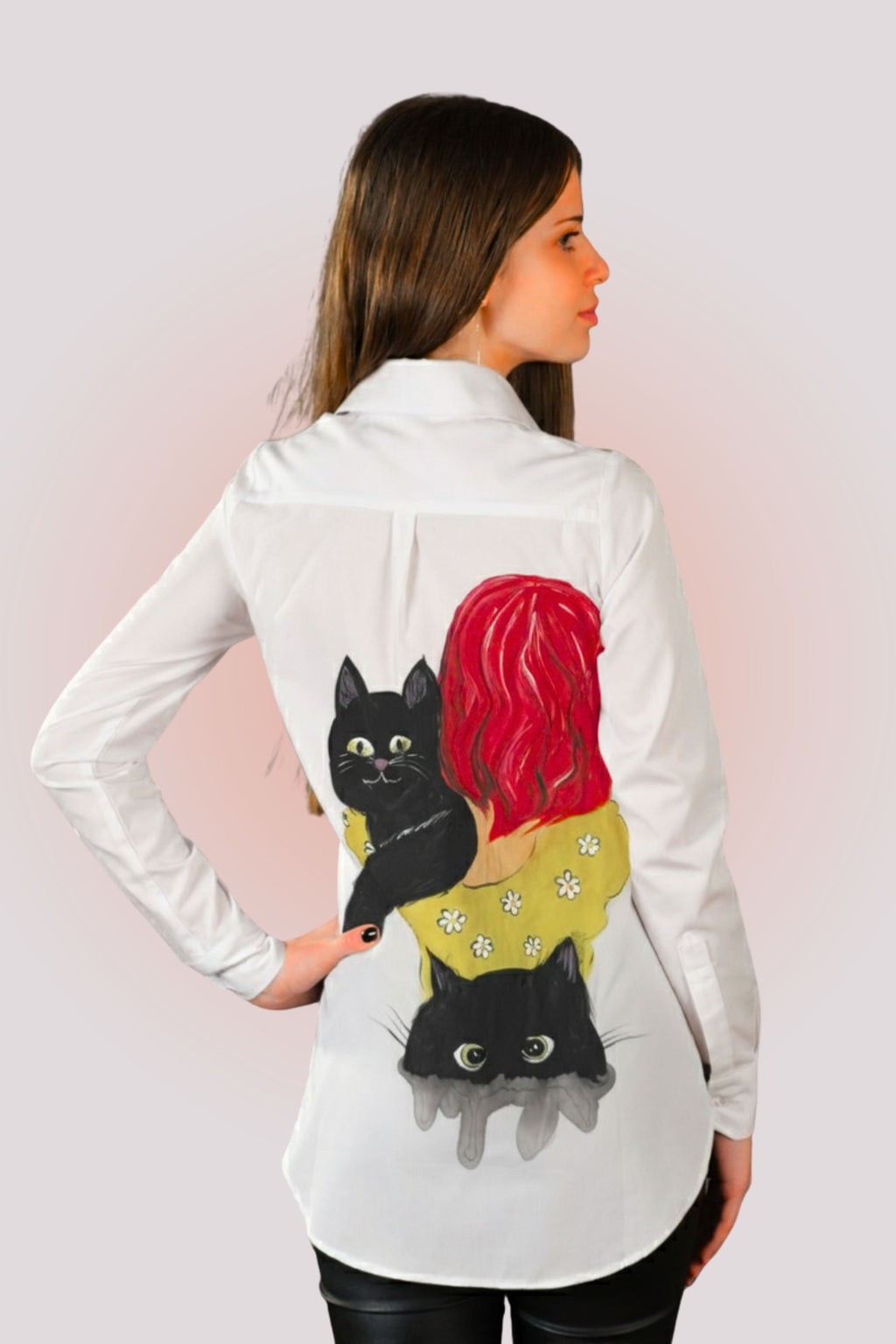 Cămașă Pictată Manual "Cat Lover" (Design Pisici) din Bambus și Bumbac Organic