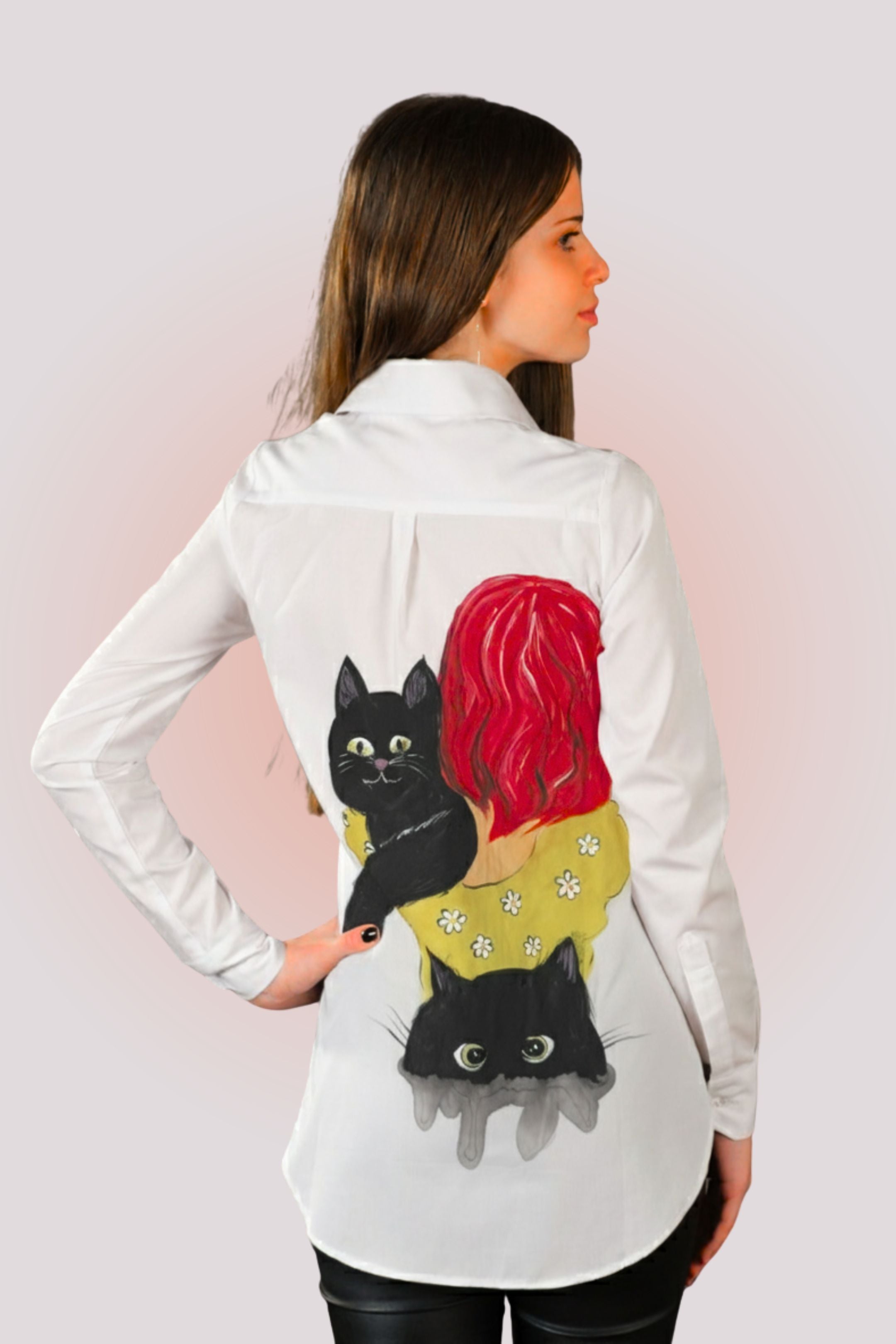 Cămașă Pictată Manual "Cat Lover" (Design Pisici) din Bambus și Bumbac Organic